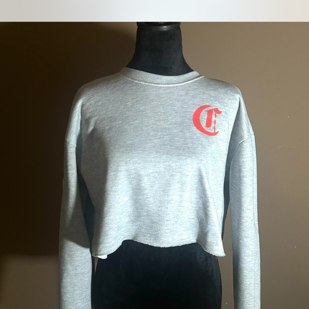 Gray Cropped Sweatshirt with Red Logo